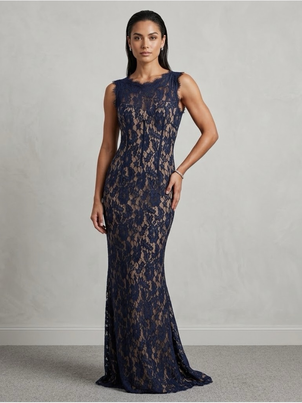 Monique Lhuillier Navy Lace Maxi Gown Size 12